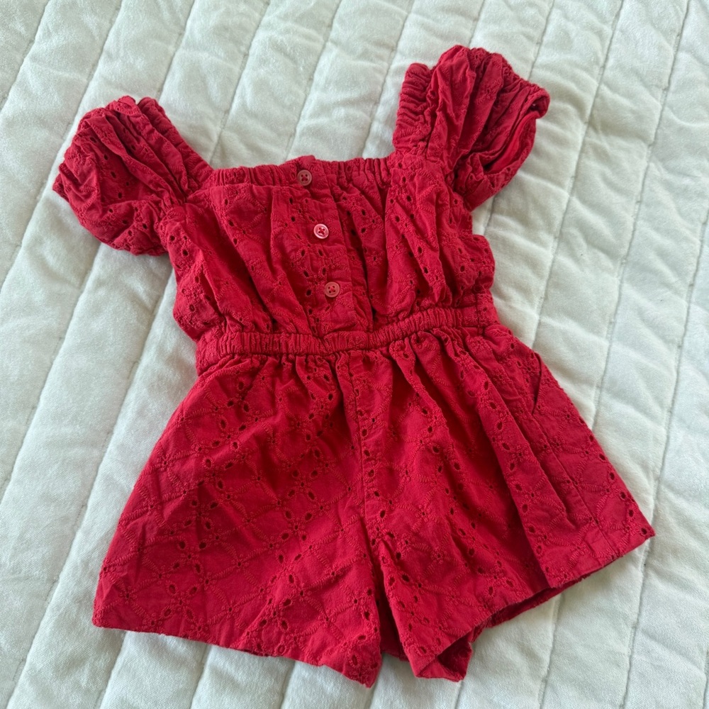 Janie and Jack red girls eyelet bow romper puff sleeves size 3-6M - Picture 4 of 5